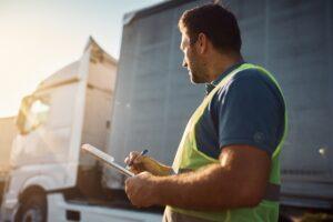 Trucking company dispatcher going through checklist on parking lot.