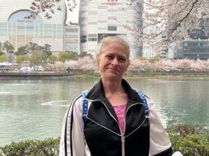 Holly in South Korea with cherry blossom trees